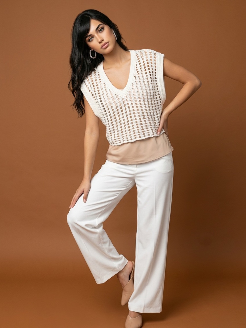 Cream Crochet Knit V-Neck Cropped Sweater Vest Sz M